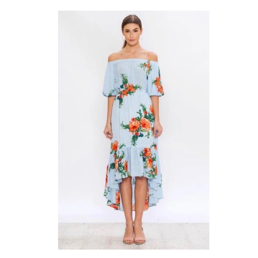 Jealous Tomato Striped Floral Off-Shoulder High-Low Dress
